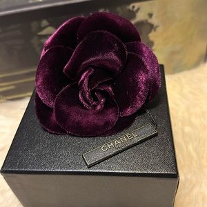 Authentic Chanel purple or bordeaux colored velvet flower broche pin with box